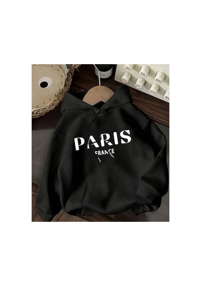 Herkesemoda Paris Baskılı Kapşonlu Siyah Sweatshirt Siyah