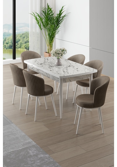 Canisa Asfel Serisi Mdf 77x130 Beyaz Mermer Desen Yandan Açılabilir Mutfak Masa Takımı 6 Cappucino Sandalye Beyaz Mermer Masa Cappucino Snadalye Canisa Asfel Serisi Mdf 77x130 Beyaz Mermer Desen Yandan Açılabilir Mutfak Masa Takımı 6 Cappucino Sandalye Beyaz Mermer Masa Cappucino Snadalye