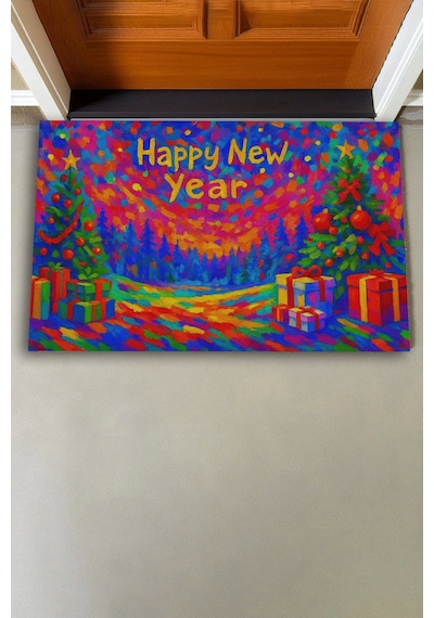 Valerine Life Happy New Year Mutlu Yıllar Welcome Hoş Geldiniz Kapı Önü Paspası 45x70cm Kahverengi