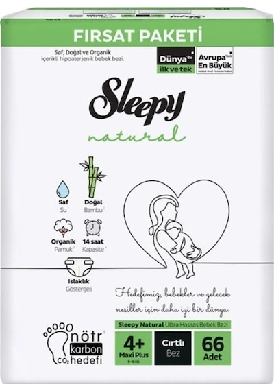 Sleepy Bebek Bezi Naturel Beden:4+ 9-16 Kg Maxi Plus 66 Adet