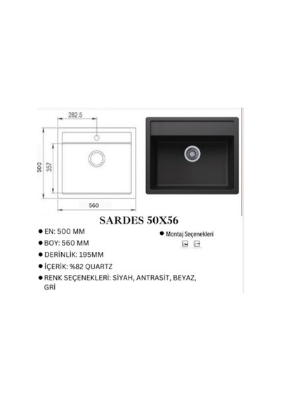 Granit Evye Sardes Series Siyah Renk En:50 Mm Boy :61 Mm Derinlik :195 Mm