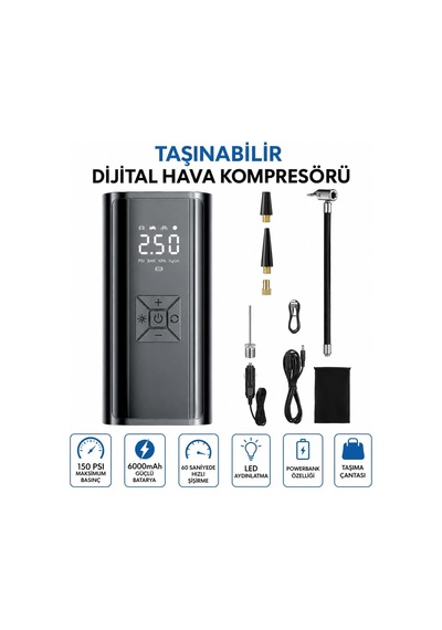 Tr Kablosuz Taşınabilir Hava Kompresörü 150 Psı, 6000 Mah, 120w