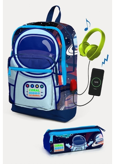 Coral High Kids Saks Mavi Astronot Desenli Usb'li 2'li Okul Çanta Seti - Erkek Çocuk