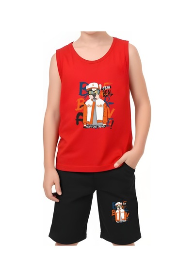 Stay Real Köpek Baskılı Erkek Çocuk Askılı Tişört Ve Şort Alt-üst Takım Gri