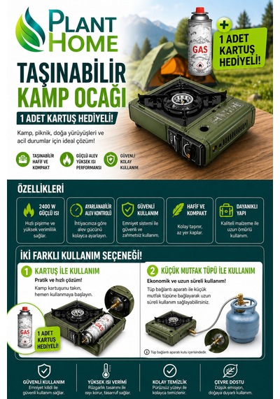 Taşınabilir Kamp Ocağı Kartuşlu & Tüplü Kullanım 1 Adet Gaz Kartuş Hediyeli Portatif Piknik Kamp Ocak Çok Renkli