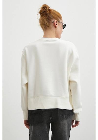 Eteği Dantelli Oversize Sweatshirt Beyaz Beyaz