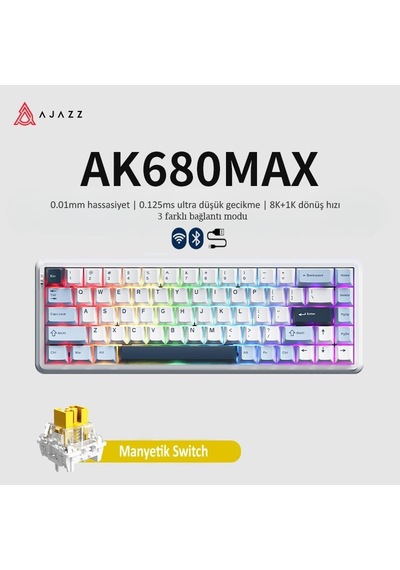 Ajazz Ak680 Max%68 Manyetik Switch Oyuncu Klavyesi, Coiled Kablo, 3000mah, 8000hz Kablolu-1000hz Kablosuz Polling Rate, Rgb Arkadan Aydınlatmalı Mekanik Klavye Beyaz Lacivert Ajazz Ak680 Max%68 Manyetik Switch Oyuncu Klavyesi, Coiled Kablo, 3000mah, 8000hz Kablolu-1000hz Kablosuz Polling Rate, Rgb Arkadan Aydınlatmalı Mekanik Klavye Beyaz Lacivert