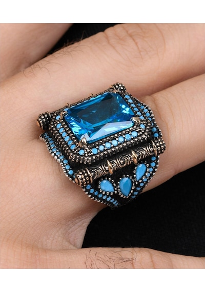Aquamarine Taşlı Zirkon Taş Süslemeli 925 Ayar Gümüş Erkek Yüzüğü