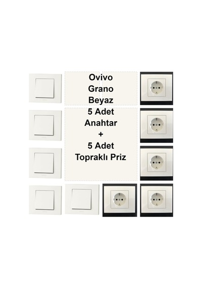 Ovivo Grano Beyaz 5 Adet Anahtar + 5 Adet Topraklı Priz