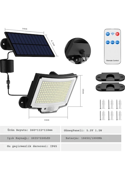 Etashop 228 Led Güneş Enerjili Sensörlü Dış Mekan Lamba Uzaktan Kumandalı Ip65 Projektör Bahçem Gara Çok Renkli