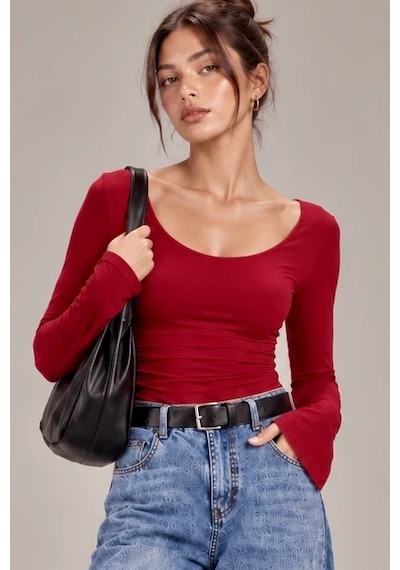 Bbbutikbasic Kadın U Yaka İspanyol Kol Uzun Kollu Slim Fit Bluz My3535 Kırmızı