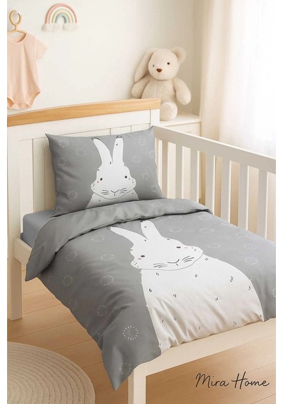 Yenidoğan Kız / Erkek Unisex Bebek Nevresim Takımı %100 Pamuklu Gri Tavşan Çok Renkli