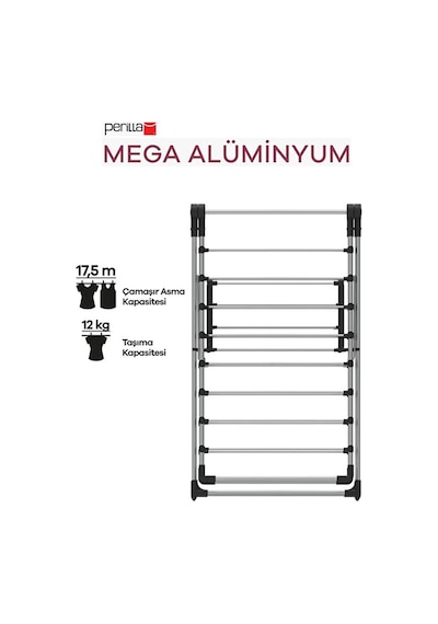 Perilla Mega Alüminyum Katlanır Çamaşır Kurutmalık 17,5 Metre Gri