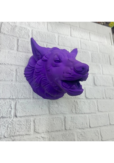 Mor Renk 3d Kurt Başı Duvar Dekoru Asılabilir Maskot Heykel 25x19 Cm