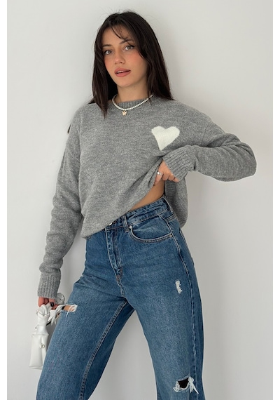 Noa & Noa Kadın Kalpli Kalın Triko Kazak Oversize & Minimal Romantik Stil Gri