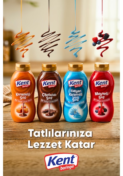 Kentboringer Topping Sos 4'lü Avantajlı Elips Set Karamelli-çikolatalı-italyankarameli-meyveli