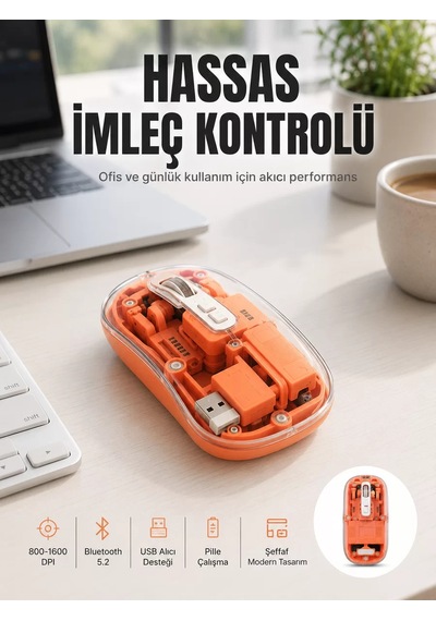 Bluetooth Ve Usb Destekli Kablosuz Şeffaf Mouse Sessiz Kullanım Yeni Nesil Diğer