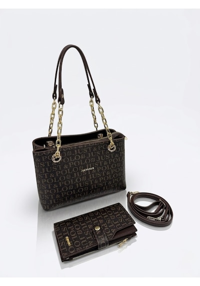 Just Polo Özel Günlere Uygun Baskılı Şık Omuz Çantası Ve Cüzdanı Kombin Shopper Kahverengi