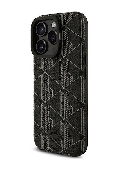 Apple Uyumlu iPhone 16 Pro Max Kılıf Lacoste Lisanslı M-safeli Standlı Pu Karışık Monogram Desenli Kapak Siyah Siyah