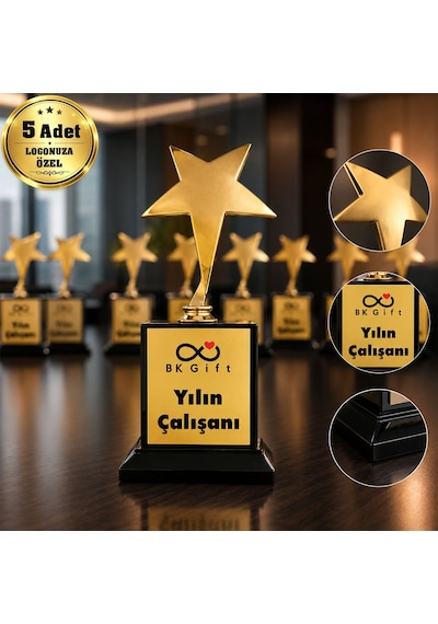 Logonuza Özel 5 Adet Mesajlı Gold Renk Yıldız Oskar Kurumsal Ödül Kupası 18 X 8 Cm