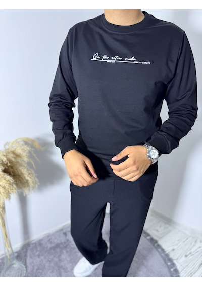 Say-Has Fashion Göğüs Baskılı Bisiklet Yaka Sweatshirt Siyah
