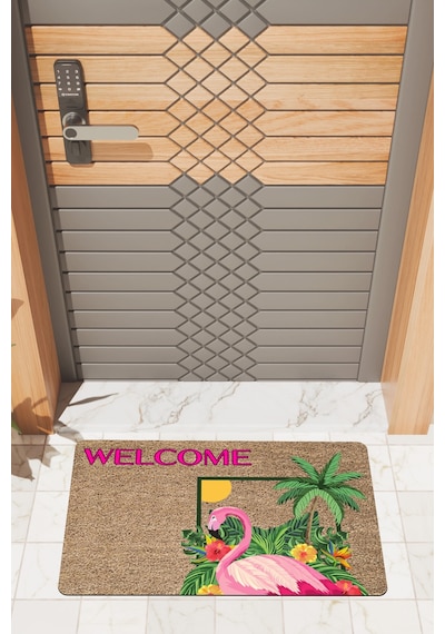 Rugmood Modern Dijtal Baskı Flamingo Welcome Kapı Önü Paspası Kahverengi