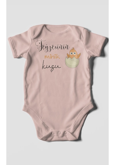 Teyzesinin Minik Kuşu Baskılı Bebek Zıbını Çıtçıtlı Body %100 Pamuk Kısa Kol Pastel Pembe