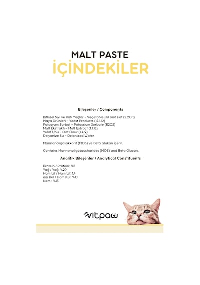 Vitpaw Malt Paste Tüy Yumağı Kontrolü ve Sindirim Desteği Kedi Malt Macunu 100 G