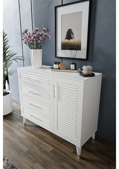 Panjurlu 4 Çekmeceli 1 Kapaklı Şifonyer Modern Tasarım, Mdf Kapak, Beyaz Gümüş Beyaz