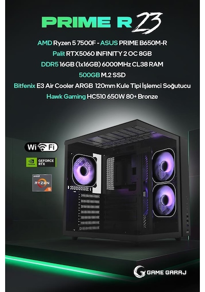 Game Garaj Prime R23 R5-7500F 16 GB 500 GB SSD RTX5060 Dos Oyuncu Masaüstü Bilgisayar