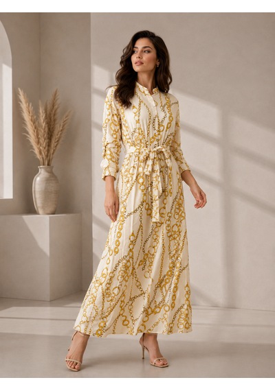 Bidesing Kadın Ekru Zincir Desenli Uzun Kollu Maxi Elbise Ekru Gold Sarı