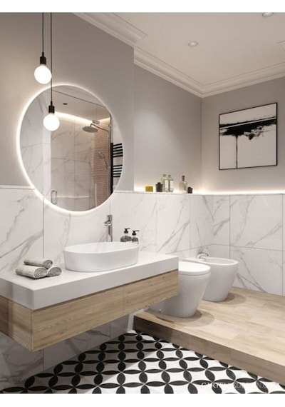 Nuun Dekor 70cm Trafolu Beyaz Ledli Dekoratif Ayna Duvar Aynası Banyo Aynası Beyaz