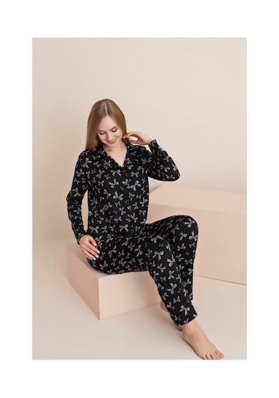 Rindahomewear Kadın Fiyonk Desenli Milan Örme Lizbon Düğmeli Pijama Takımı Siyah