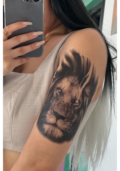 Karat Tattoo Aslan Desenli Su Geçirmez Geçici Dövme Kol Omuz Bacak Uyumlu Siyah Büyük Tattoo