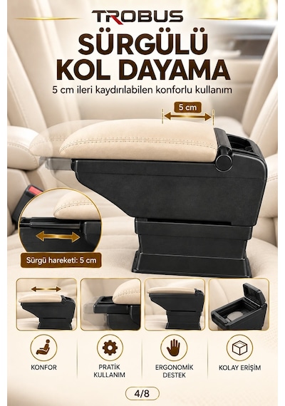 Trobus Dacia Lodgy 2012-2022 Uyumlu Ayarlanabilir Ayaklı Kolçak Kol Dayama Bardaklıklı Bej Siyah