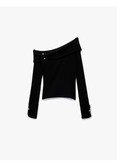 Koton Slim Fit Aksesuarlı Uzun Kollu Omzu Açık Bluz Siyah 6wak80121pk