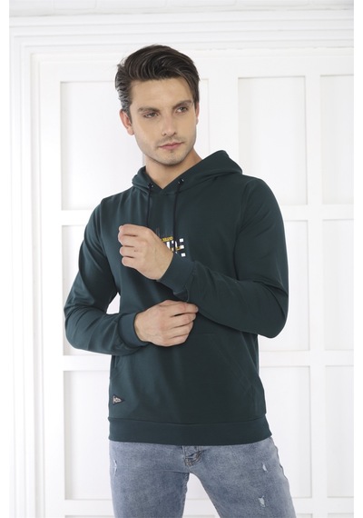 Escetic Spor Erkek Yeşil Cepli, Kapüşonlu Sweatshirt-4164