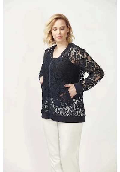 Moda Berray 4030 Dantel Fermuarlı Büyük Beden Ceket Lacivert Lacivert