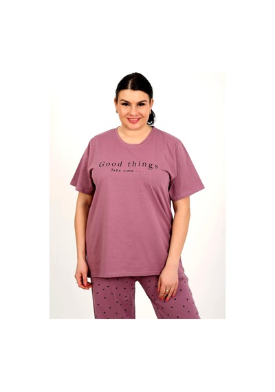 Nisanca %100 Pamuk Büyük Beden Kısa Kol Kadın Pijama Takımı Bordo