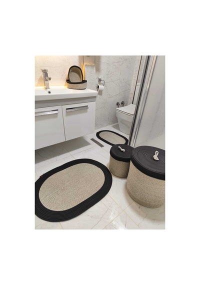 Jüt Hasır 6 Lı Banyo Paspas Takımı Bohem Tarzı Paspas:50x80/ 40x60 /çamaşır Sepet 40x36 ,25x28 Taş Siyah Taş Siyah