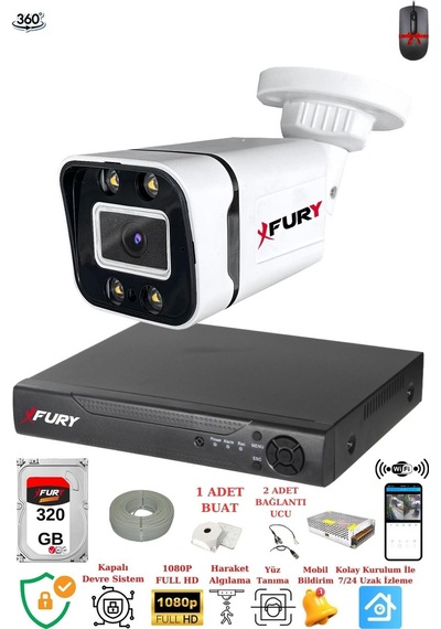 Fury 1 Kameralı 1080p Görüntü Gece Renkli-su Geçirmez Full Hd Ultra Led Güvenlik Kamerası Seti 320gb