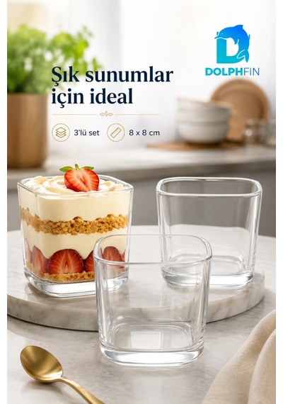 3 Lü Cam Magnolia Kasesi 8x8 Cm Kare Tatlı Sunum Kase Seti Şeffaf