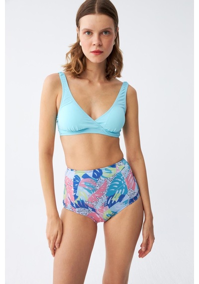 Akbeniz Kadın Pedli Üst Tropik Desenli Yüksek Bel Bikini Takımı - Buz Mavisi Buz Mavi