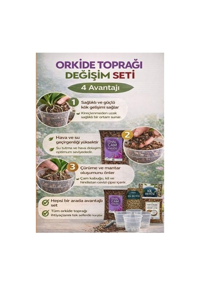 Orkide Toprağı Değişim Seti - Ithal Çam Kabuğu, Coco Cips, Kil Bilyesi Ve Şeffaf Saksı Seti 1