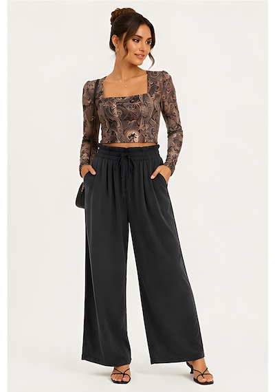 Lili Woman Kadın Paisley Desenli Tül Crop Bluz E.2557 Kahverengi
