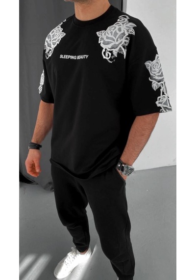 Moda Assema Erkek Baskılı Kısa Kol T-shirt - Siyah Çok Renkli