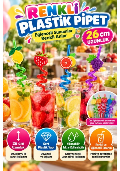 4'lü Renkli Spiral Pipet 26 Cm Sert Plastik Yıkanabilir Tekrar Kullanılabilir Parti İçecek Pipeti Xl