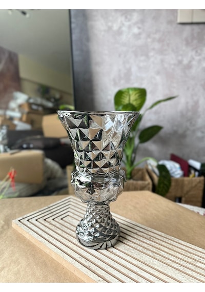Diamond Desenli Kristal Cam Vazo - 28x15 Cm Hediyelik Lüx Vazo Modern & Lüks Dekoratif Büyük Boy Vazo Şeffaf