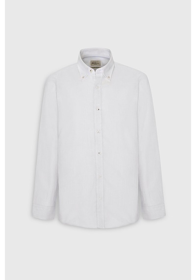 Erkek Beyaz Slim Fit Dar Kesim Düğmeli Yaka Pamuklu Oxford Gömlek Beyaz