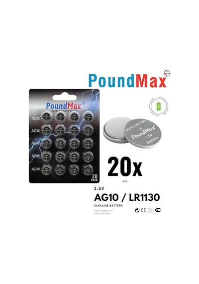 20 X Poundmax Ag10 Düğme Hücresi Lr1130 1,5v, Alkalin Pil